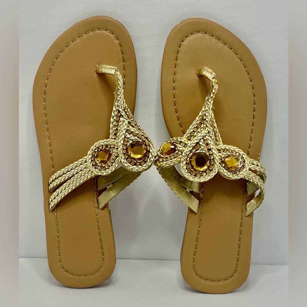✅ Gold Topaz Jewelled Braids of Paradise Thong Heel Sandals or Flip Flops